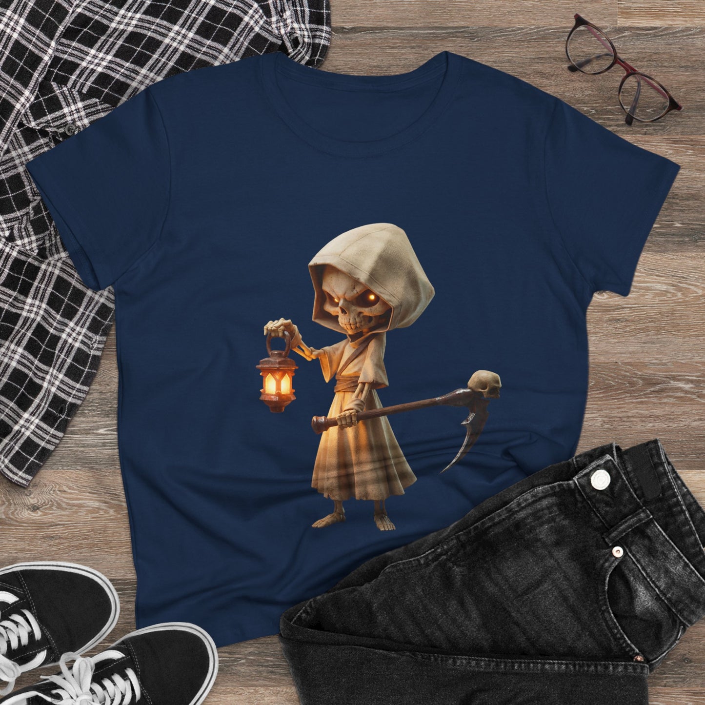 Lantern-Bearing Guardian Women's Midweight Cotton Tee – Hollowed Bone Sentinel