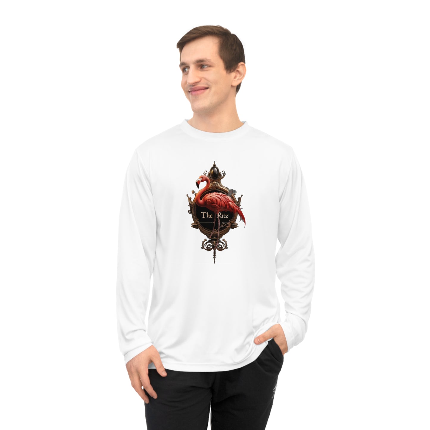 The Ritz Flamingo Unisex Performance Long Sleeve Shirt – Golden Frame Elegance