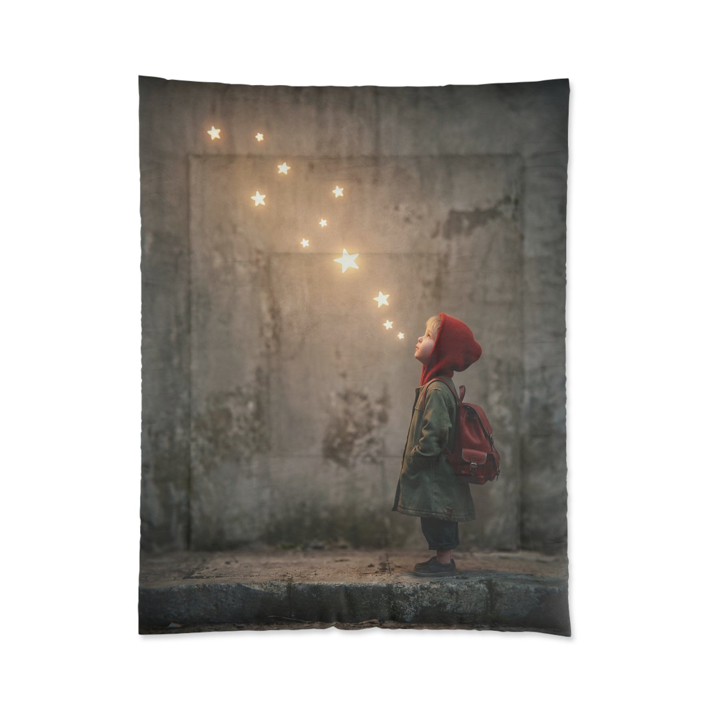 Child Gazing at Star Constellation Comforter – Warm Glow Against Urban Walls