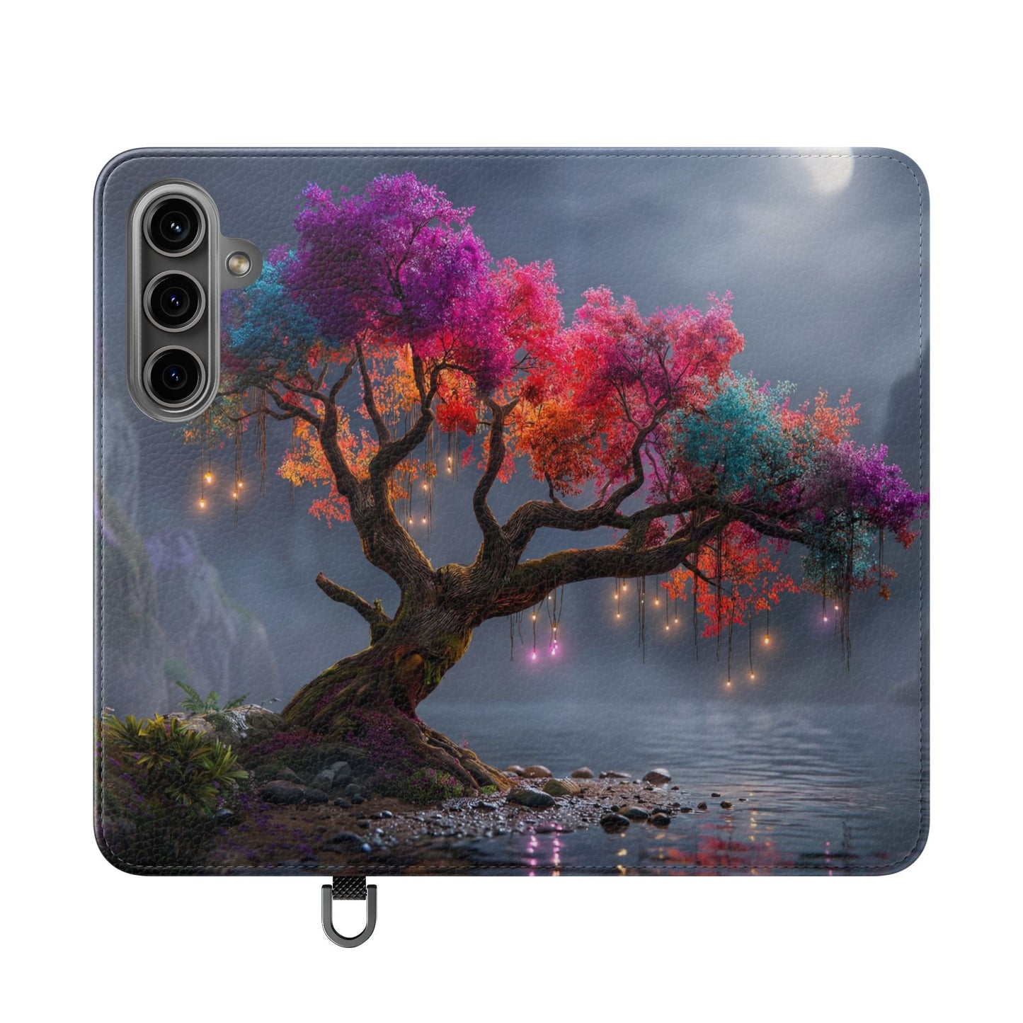 Chromatic Canopy Flip Cases – Rainbow Tree Moonlit Waterfall Scene