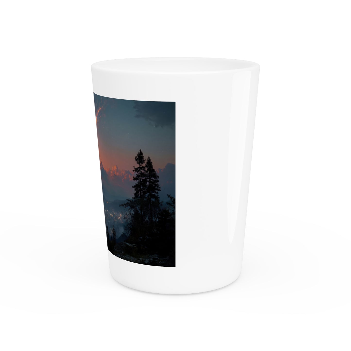 Meteor Shower Shot Glass – Fiery Comet Over Mountain City
