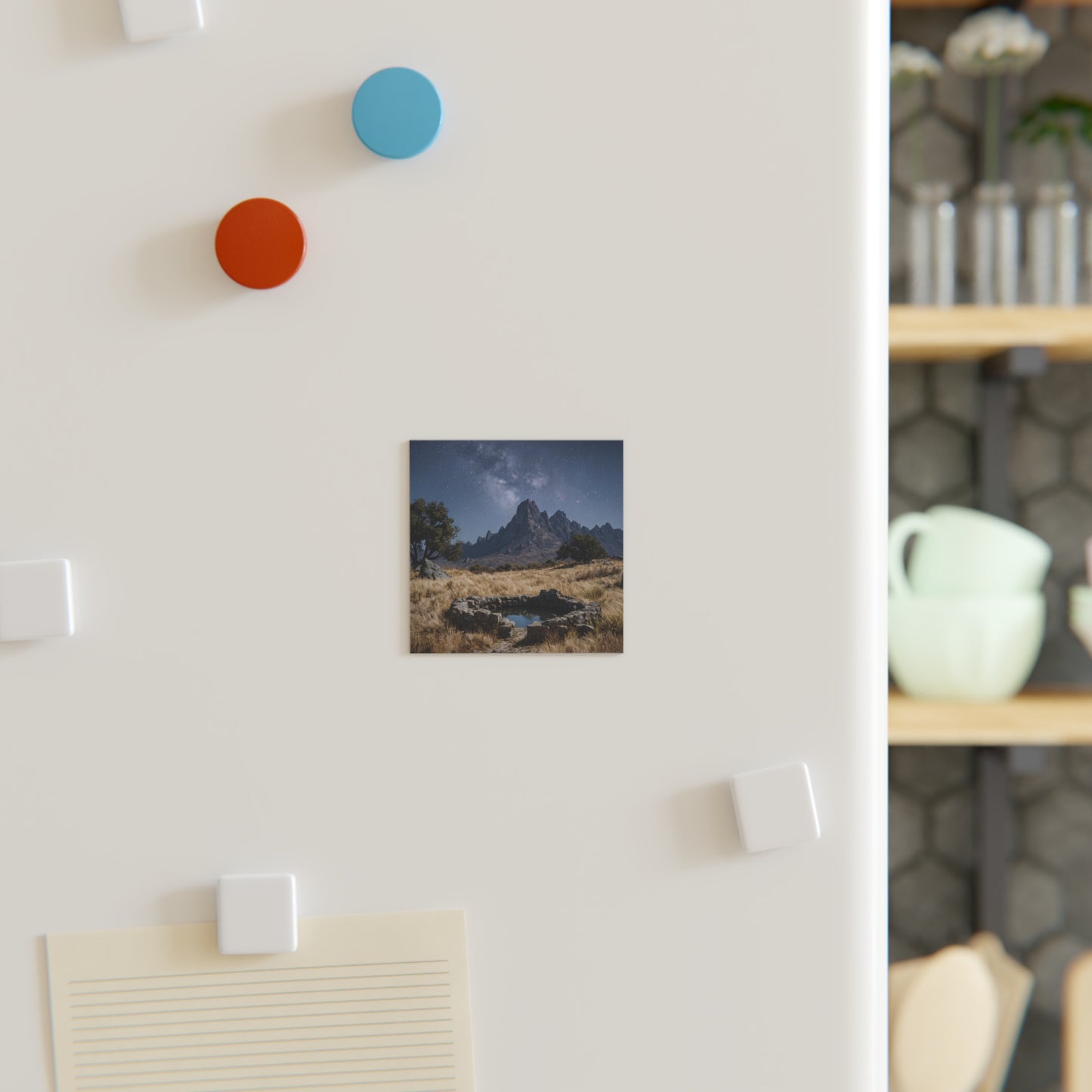 Starlit Mountain Well Square Magnet – Whispering Peaks Under Milky Way