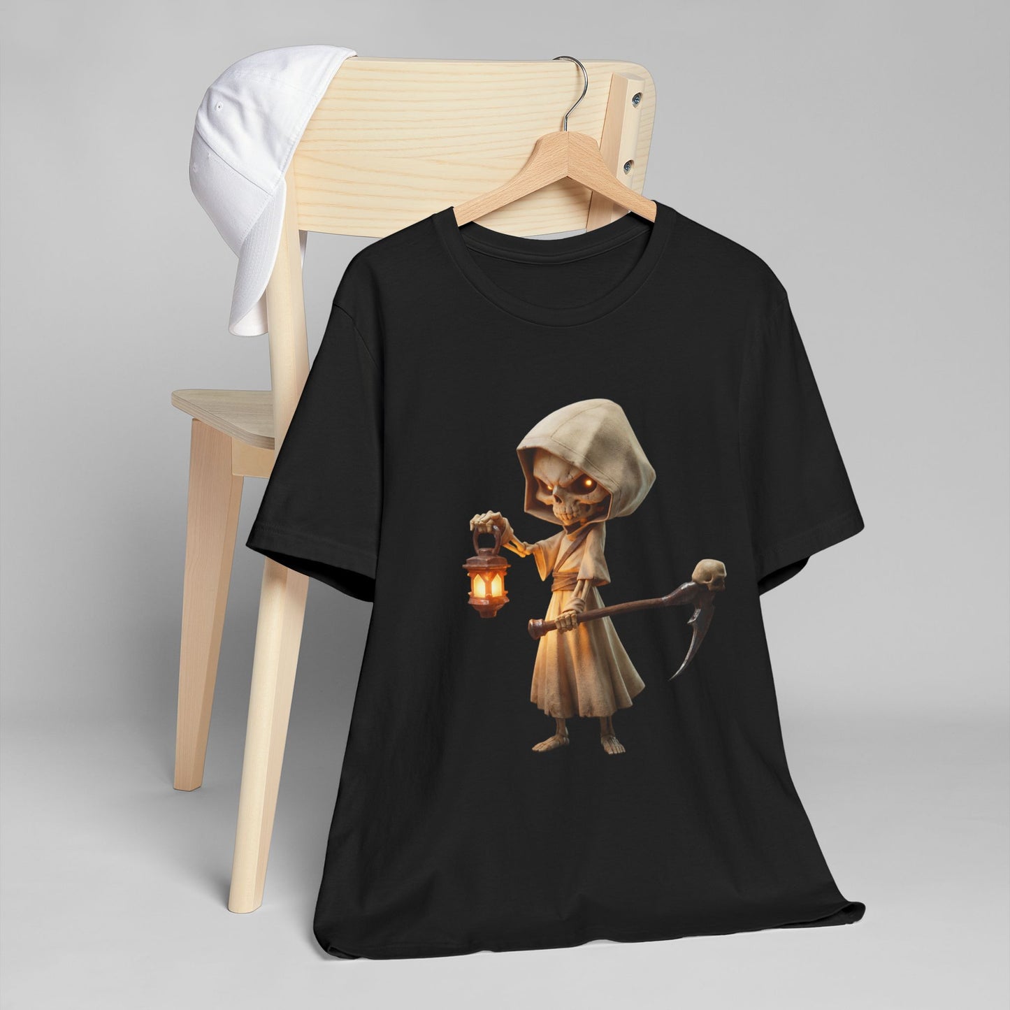 Lantern-Bearing Reaper Jersey T-Shirt – Candlelit Skeleton Sentinel