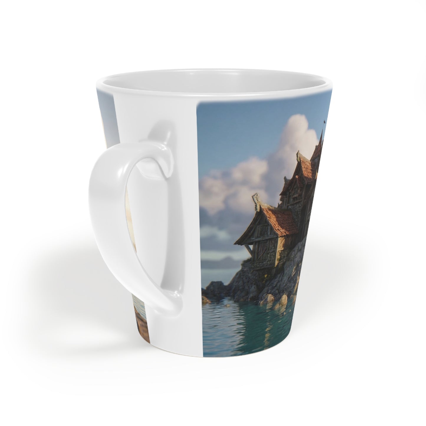 Coastal Viking Village Latte Mug, 12oz – Sunlit Stone & Timber Dreamscape