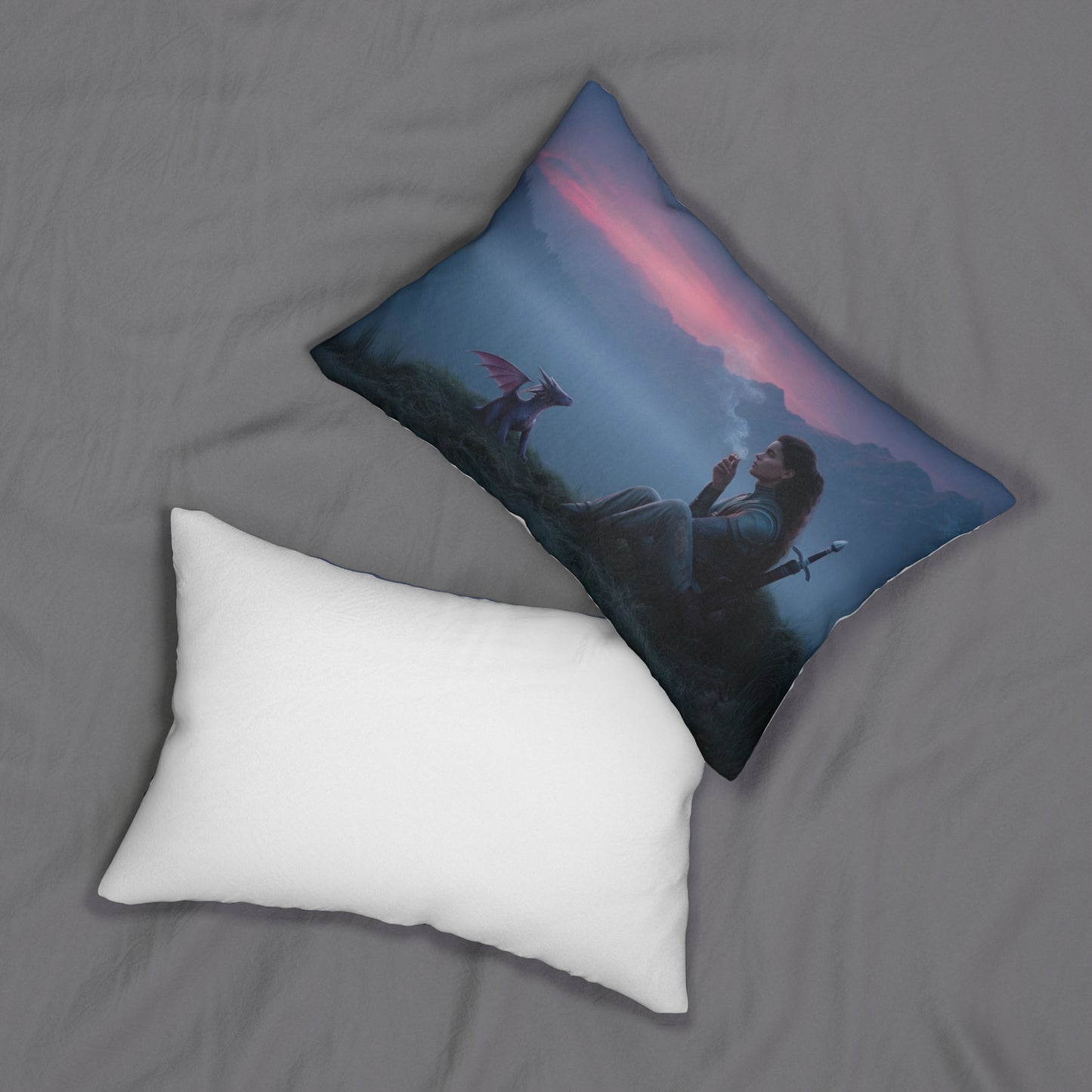 Twilight Sentinel and Dragon Spun Polyester Lumbar Pillow – Misty Mountain Quietude