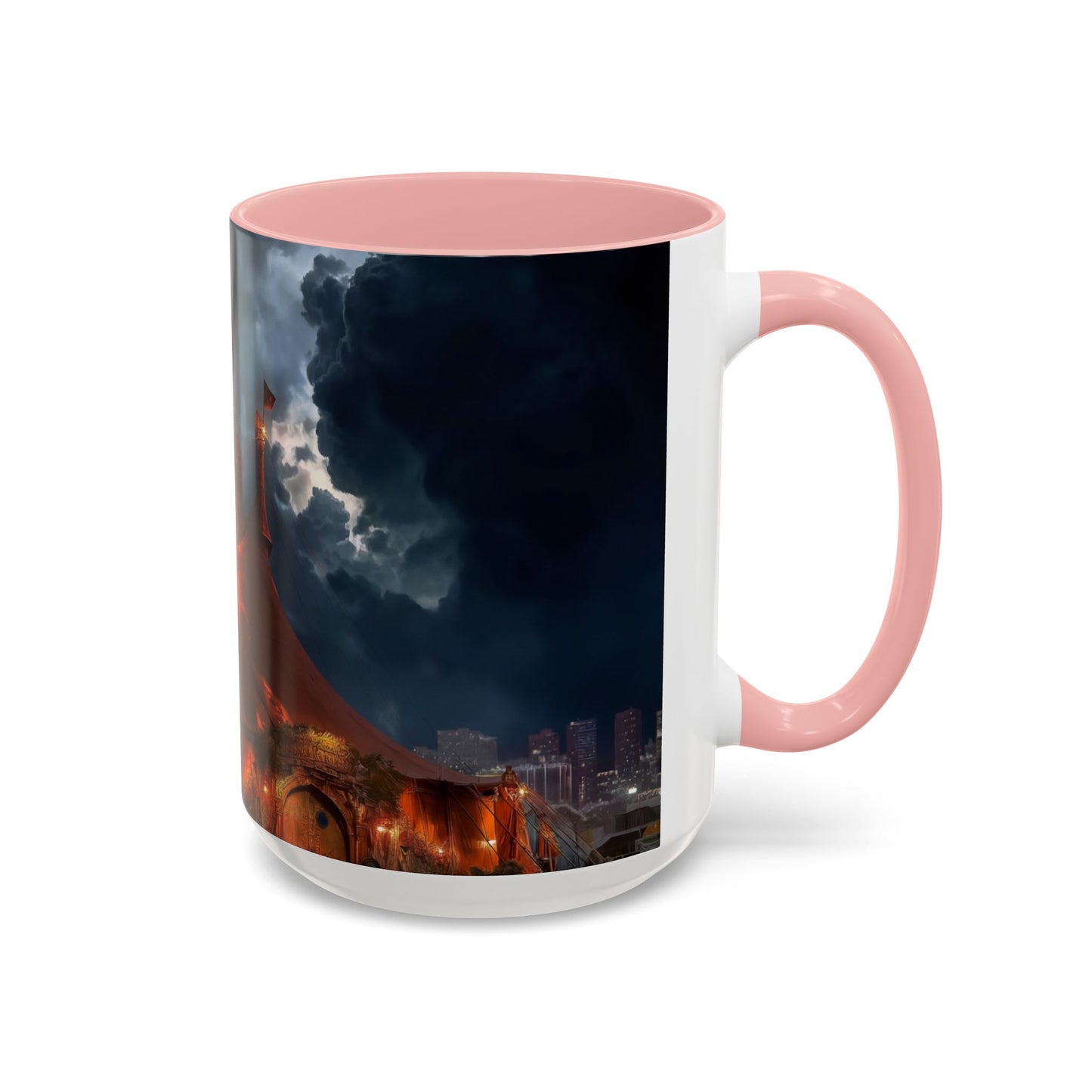 Crimson Circus Tent Accent Coffee Mug (11, 15oz) – Neon Nightscape Under Thunderclouds