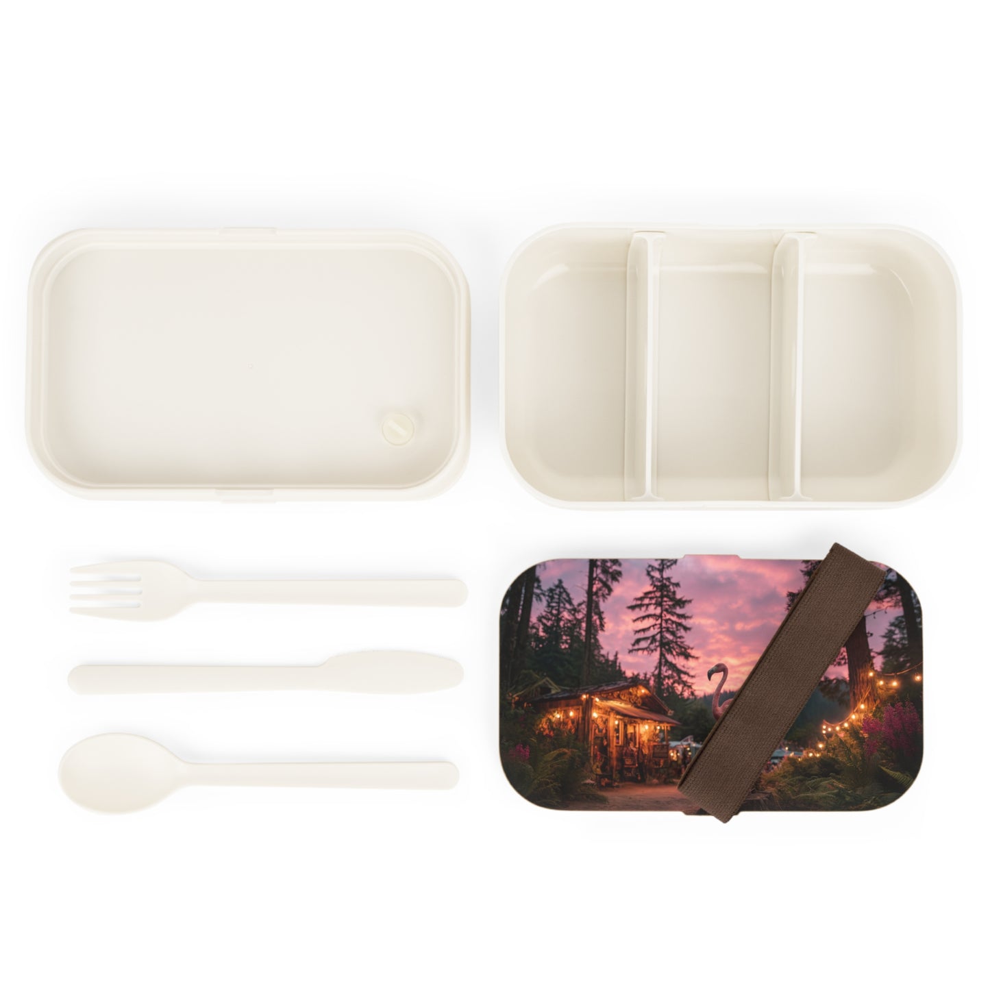 Pink Flamingo Forest Sunset Bento Lunch Box – Whimsical Twilight Wanderer