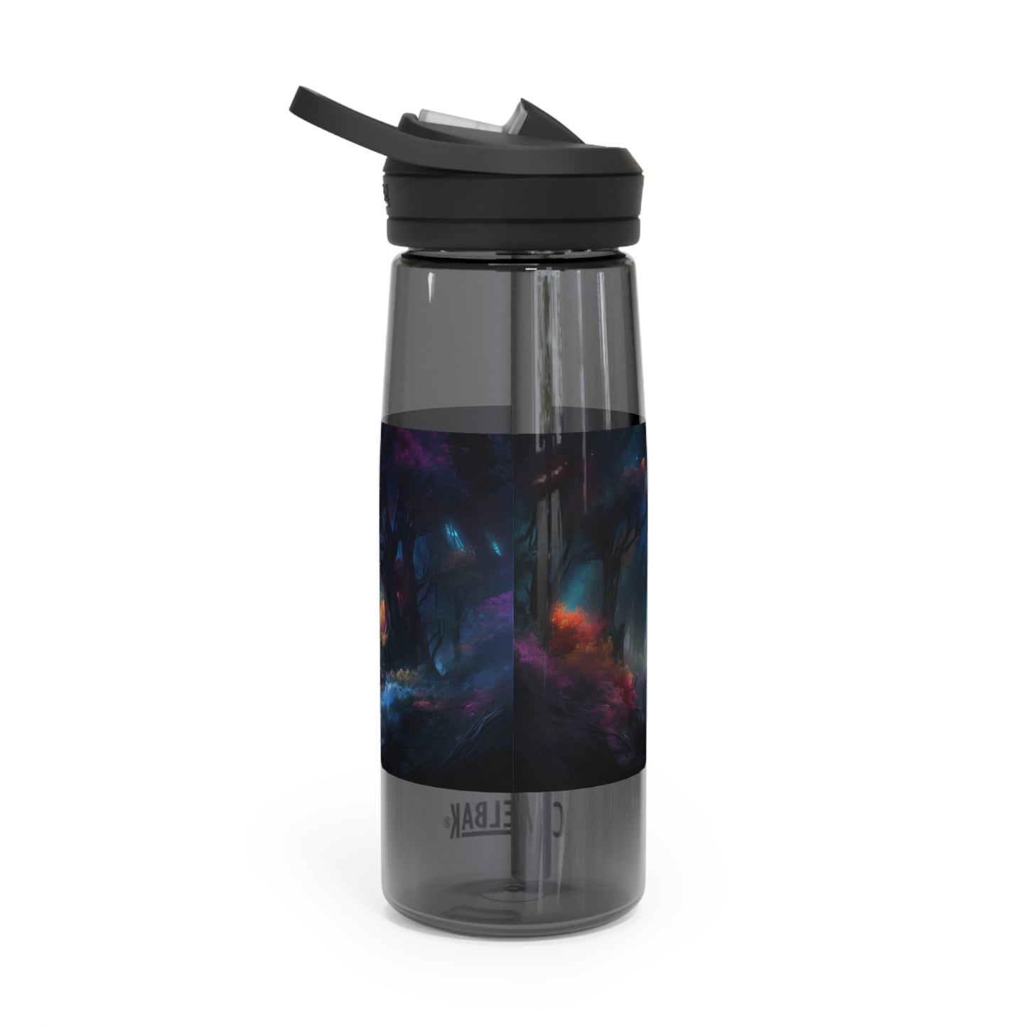 Panoramic digital art of an alien planet's mesmerizing bioluminescent forest, the towering trees adorned with glowing foliage in vivid shades of blue - CamelBak Eddy®  Water Bottle, 20oz\25oz