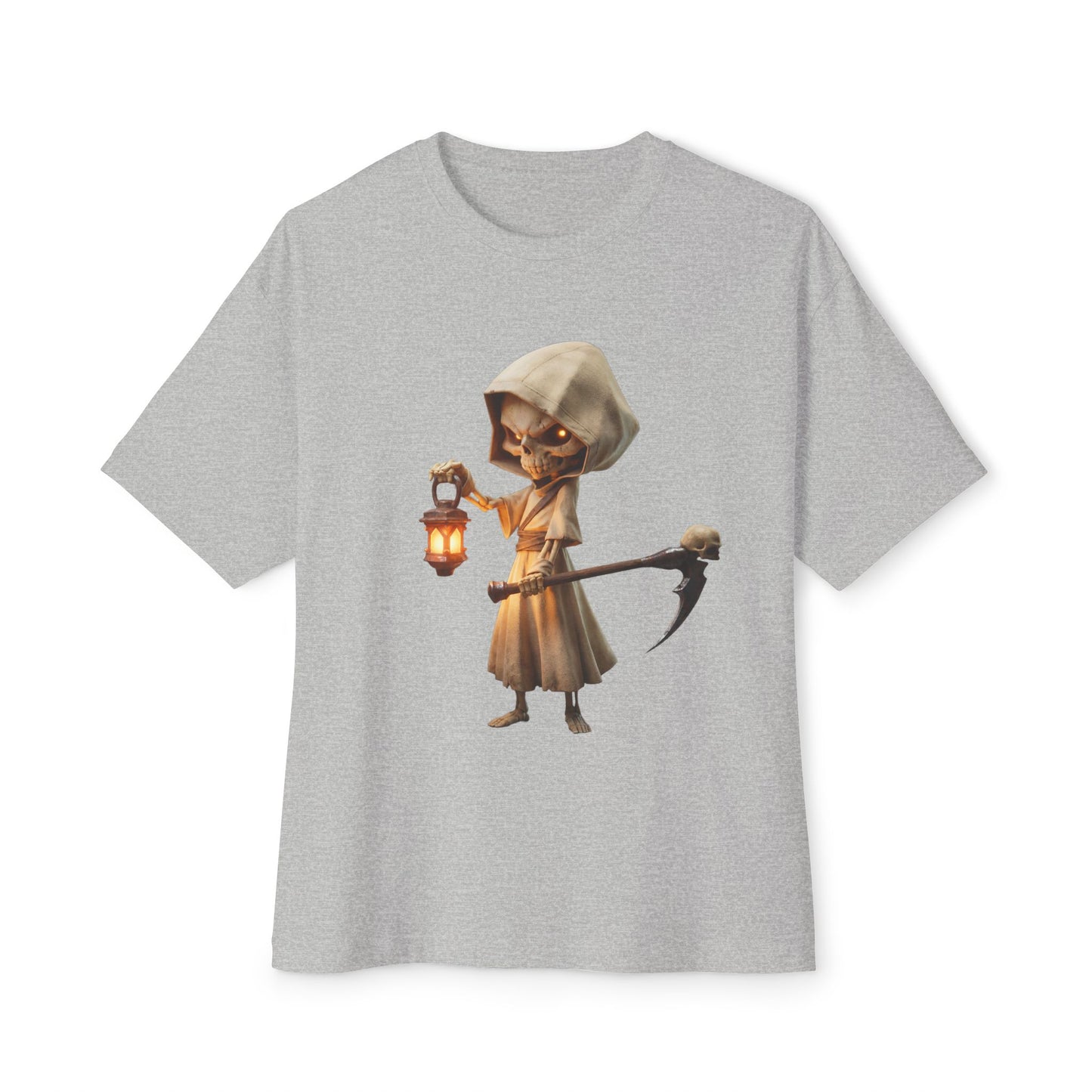 Lantern-Bearing Reaper Oversized Boxy Tee – Hooded Sentinel with Scythe and Warm Glow