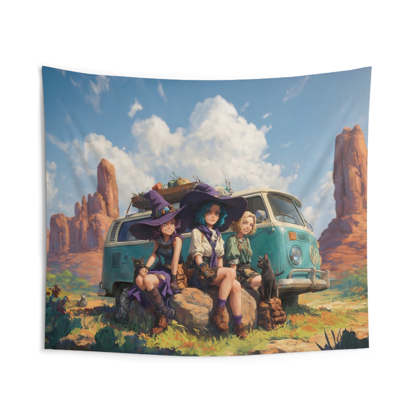 Witch Trio Van Adventure Indoor Wall Tapestries – Sun-Kissed Southwest Odyssey