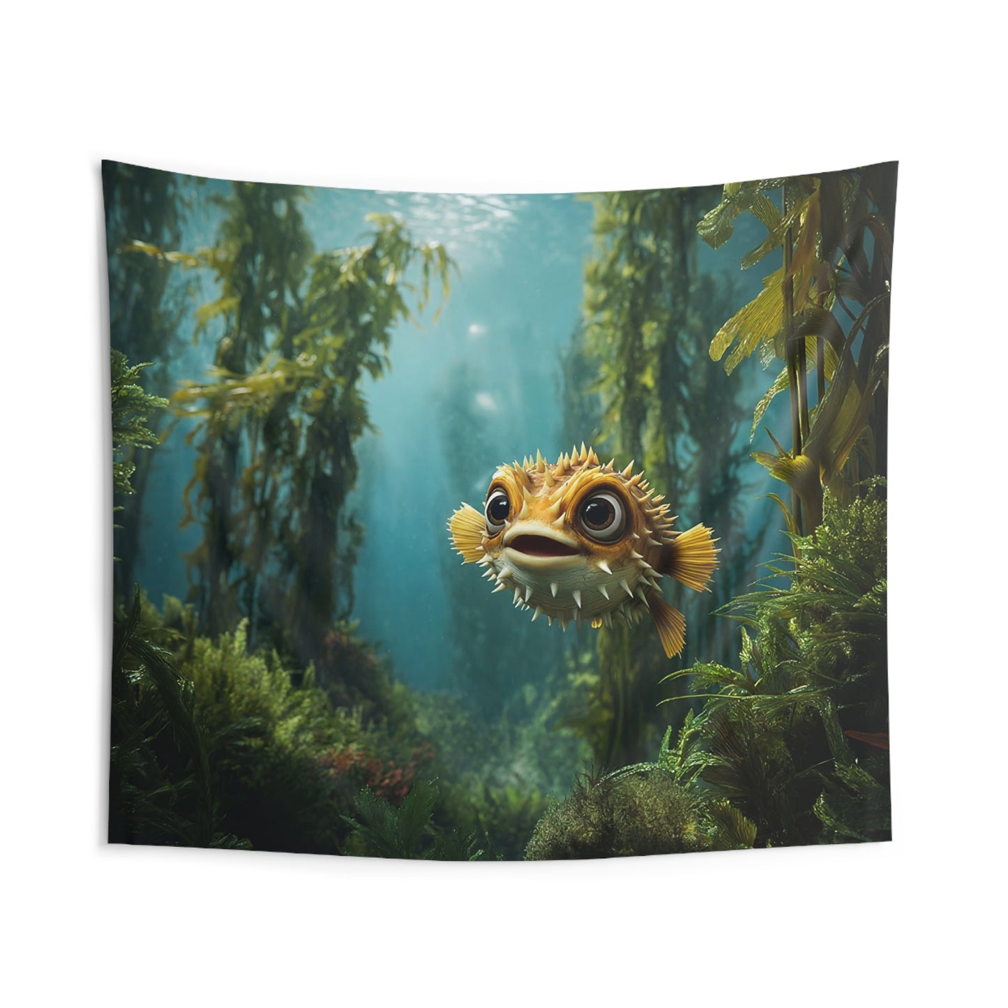 Curious Pufferfish Wall Tapestry – Sunlit Kelp Forest Adventure