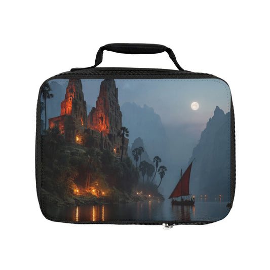 Moonlit Temple Ruins Lunch Bag – Crimson Sail Toward Ancient Light