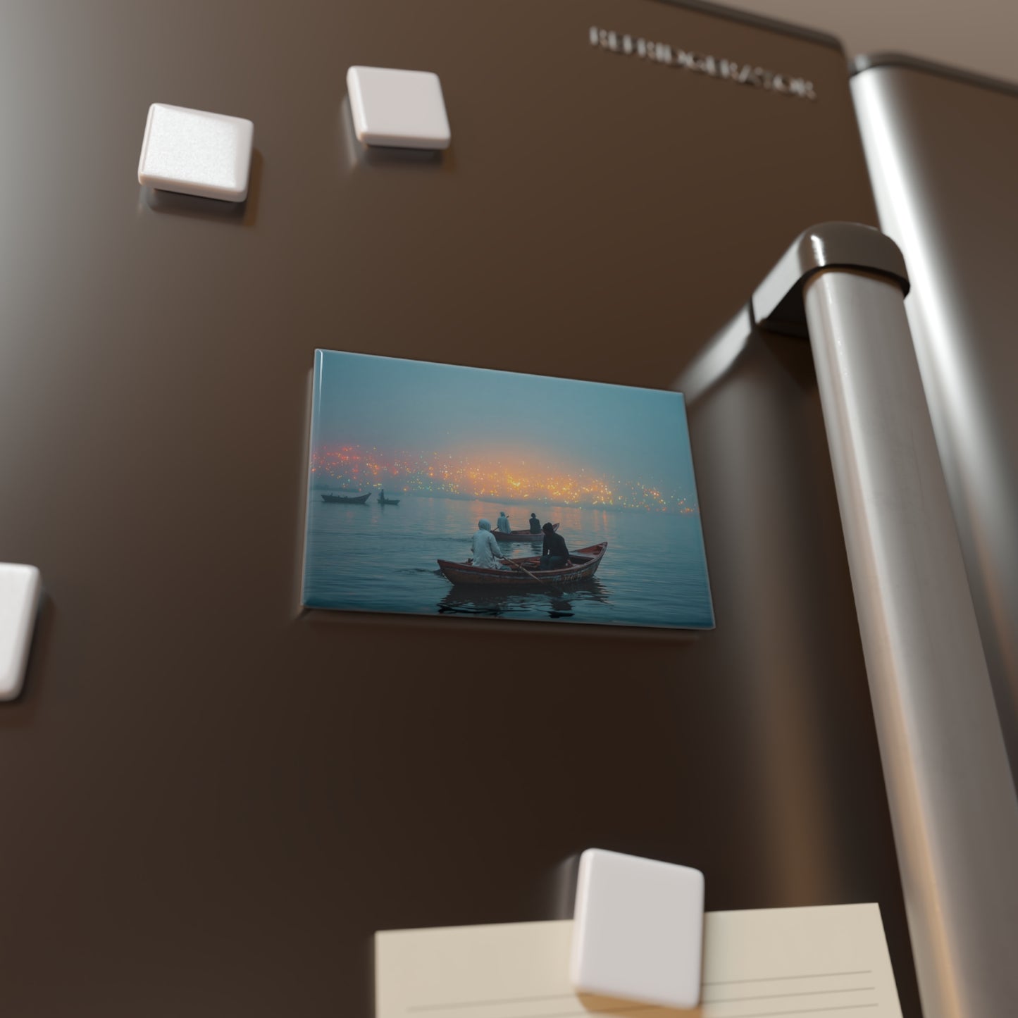 Dawn Ferry Button Magnet, Rectangle (1 & 10 pcs) – Serene Waterscape with City Glow