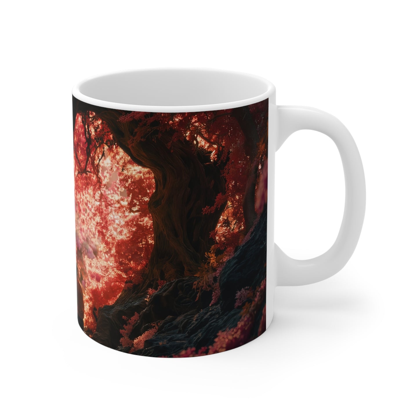 Crimson Canopy Ceramic Mugs (11oz\15oz\20oz) – Whispering Love in a Heartwood Grove