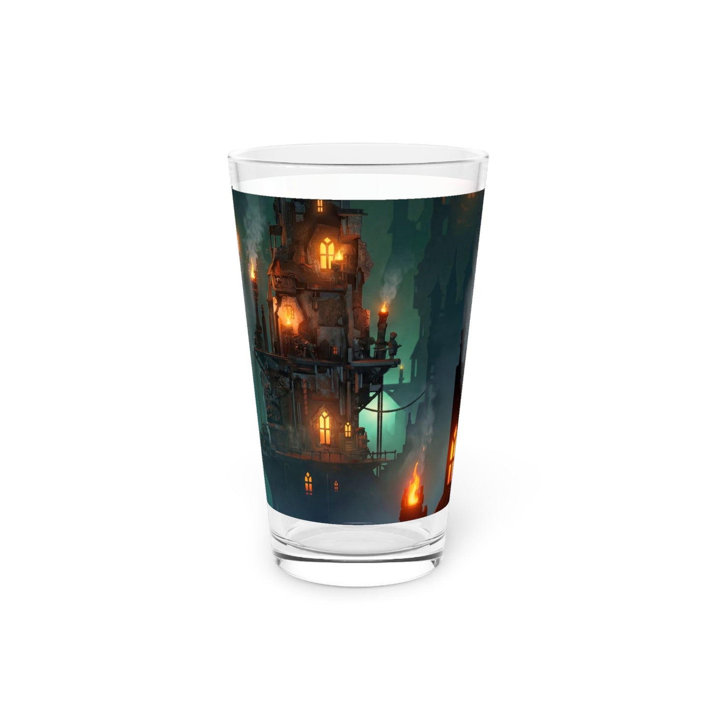 Floating City at Dusk Pint Glass – Amber Lights in the Mist