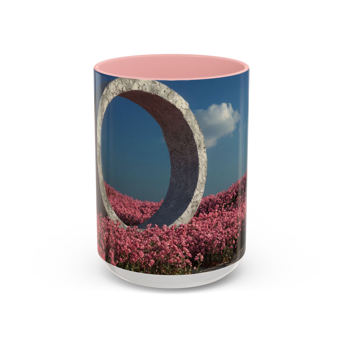 Stone Ring Garden Bloom Accent Coffee Mug – Cracked Concrete Portal in Pink Wildflowers