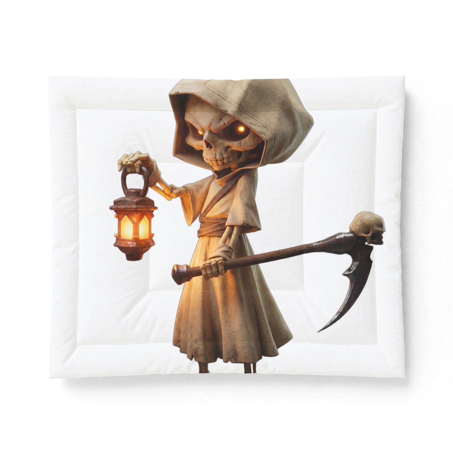 Lantern Bearer Cotton Comforter – Hooded Sentinel with Glowing Skull Eyes