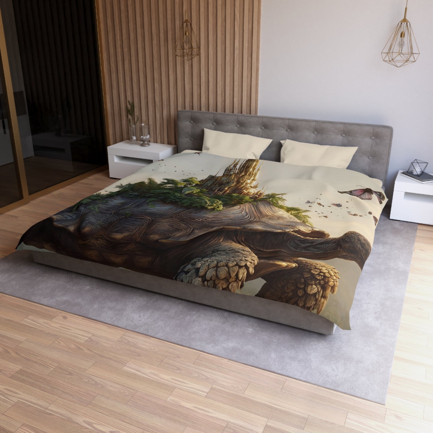 Ancient Turtle Citadel Microfiber Duvet Cover – Golden Castle on a Living Throne
