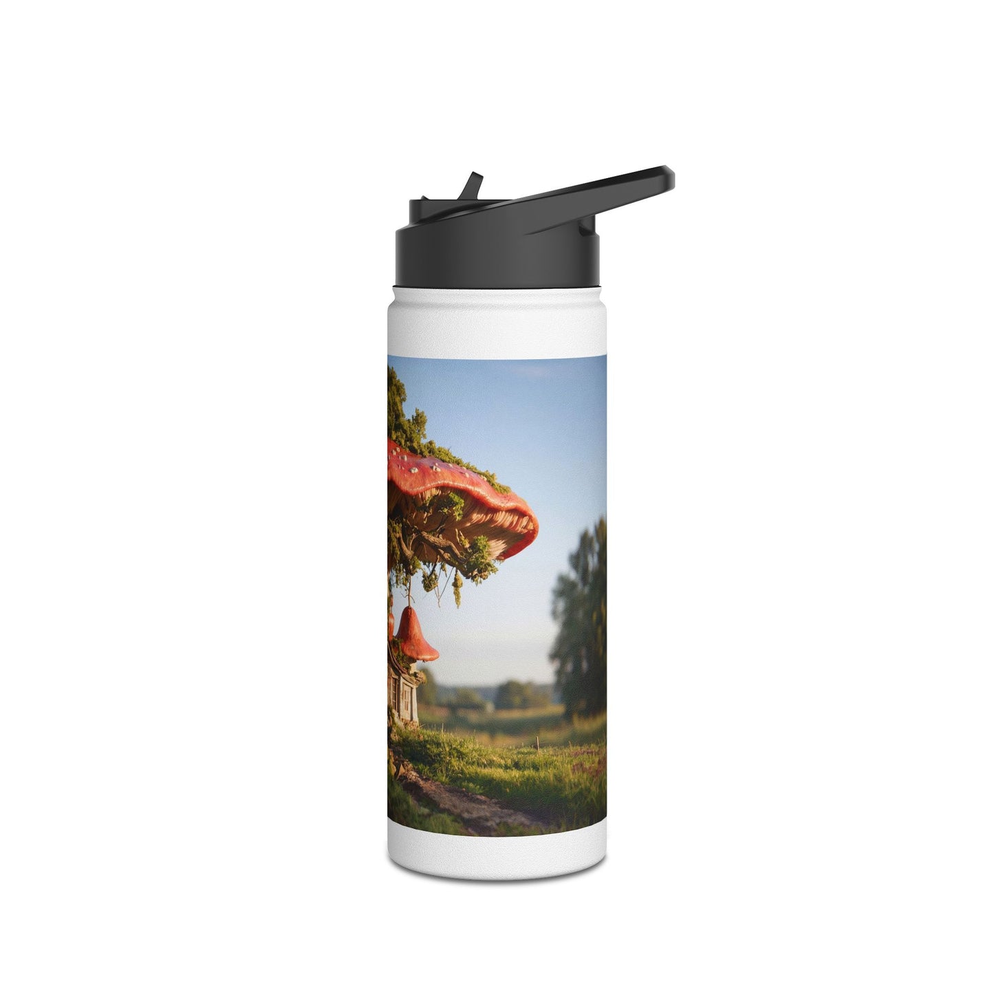 Mushroom Cottage Water Bottle – Red Cap Sanctuary in the Meadow
