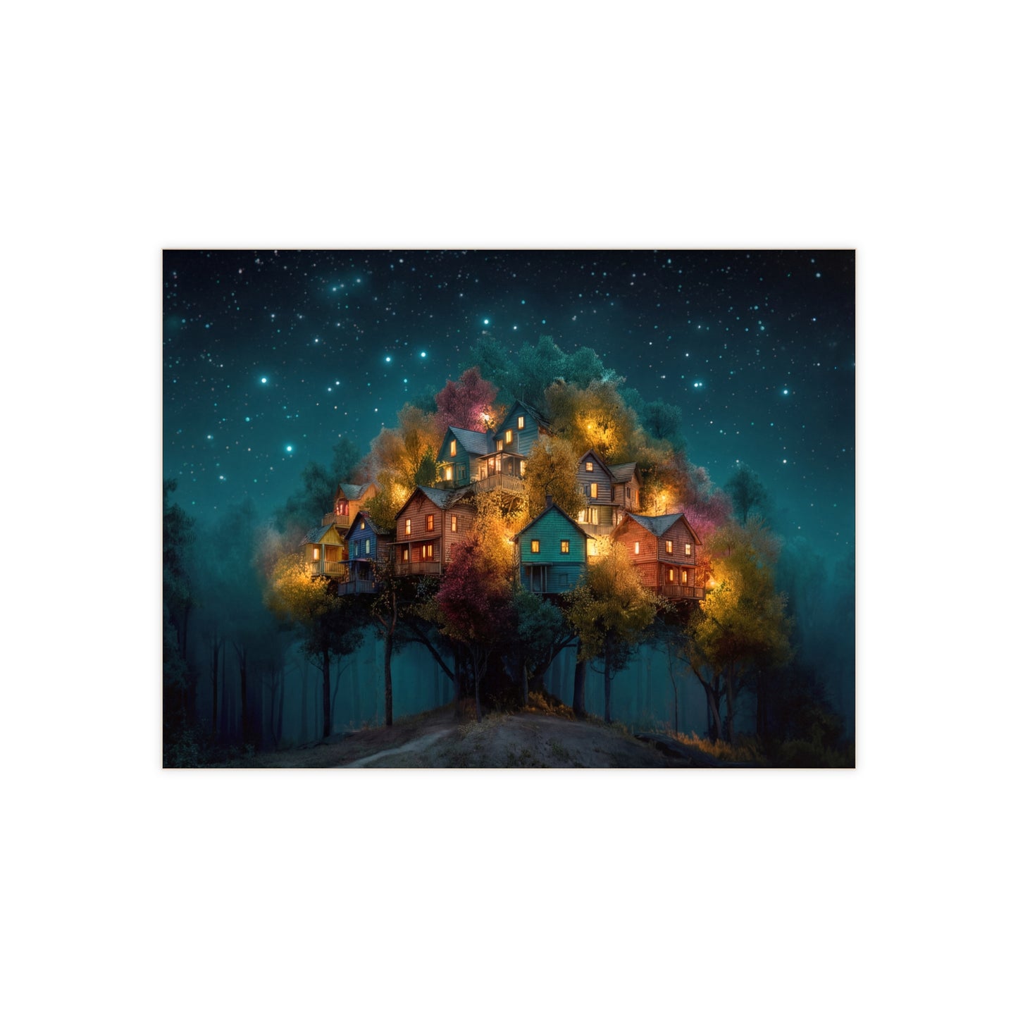 Starlit Hillside Village Ceramic Photo Tile – Warm Lights in the Twilight Woods