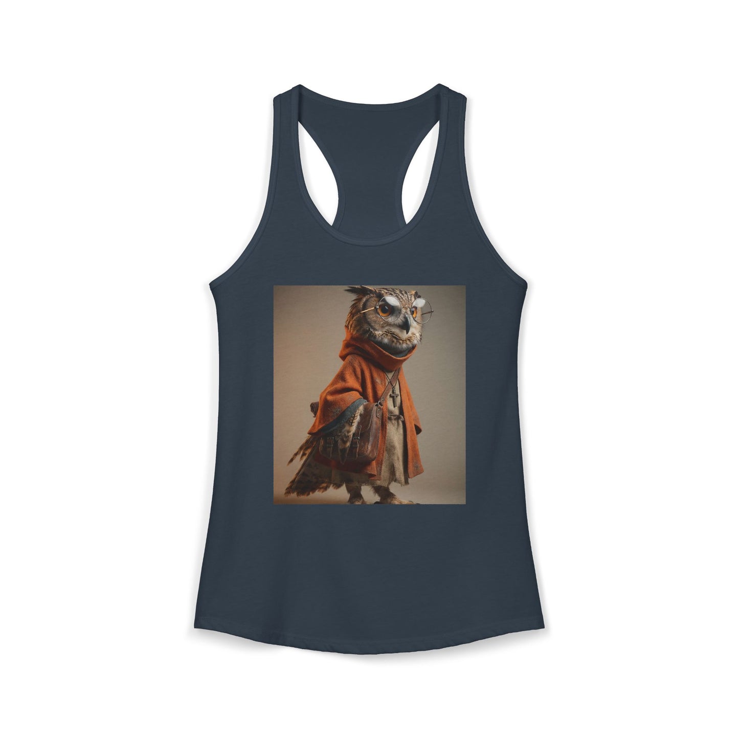 Sage Owl Racerback Tank – Scholarly Sentinel with Satchel and Round Glasses