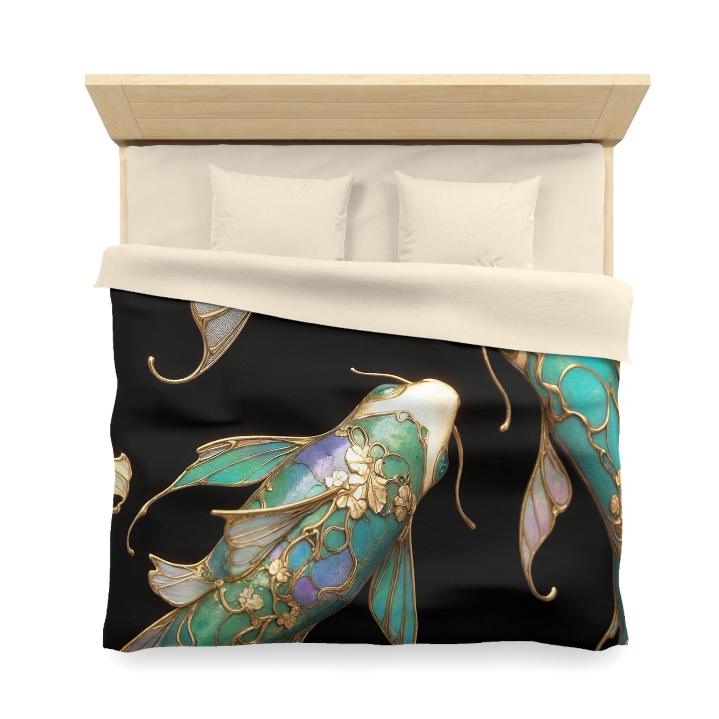 Art Nouveau Koi Microfiber Duvet Cover – Liquid Light in Midnight Depths