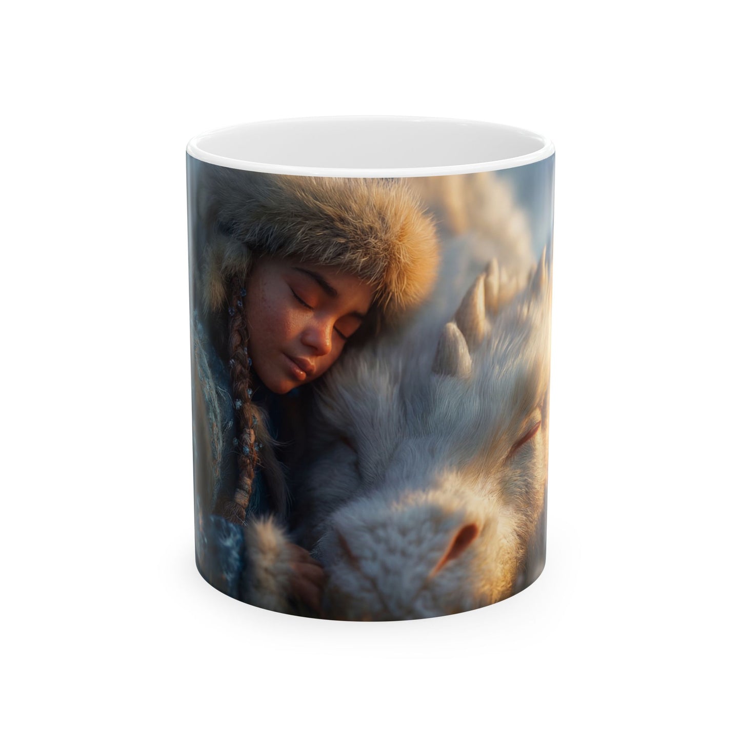 Girl and White Dragon Ceramic Mug – Golden Hour Sanctuary