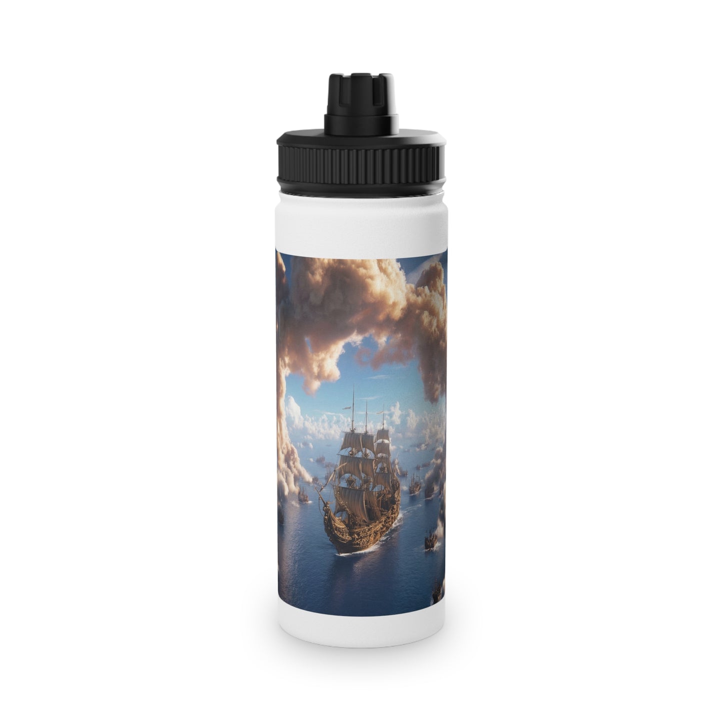 Armada Through Clouds Stainless Steel Water Bottle, Sports Lid – Golden Fleet at Dawn