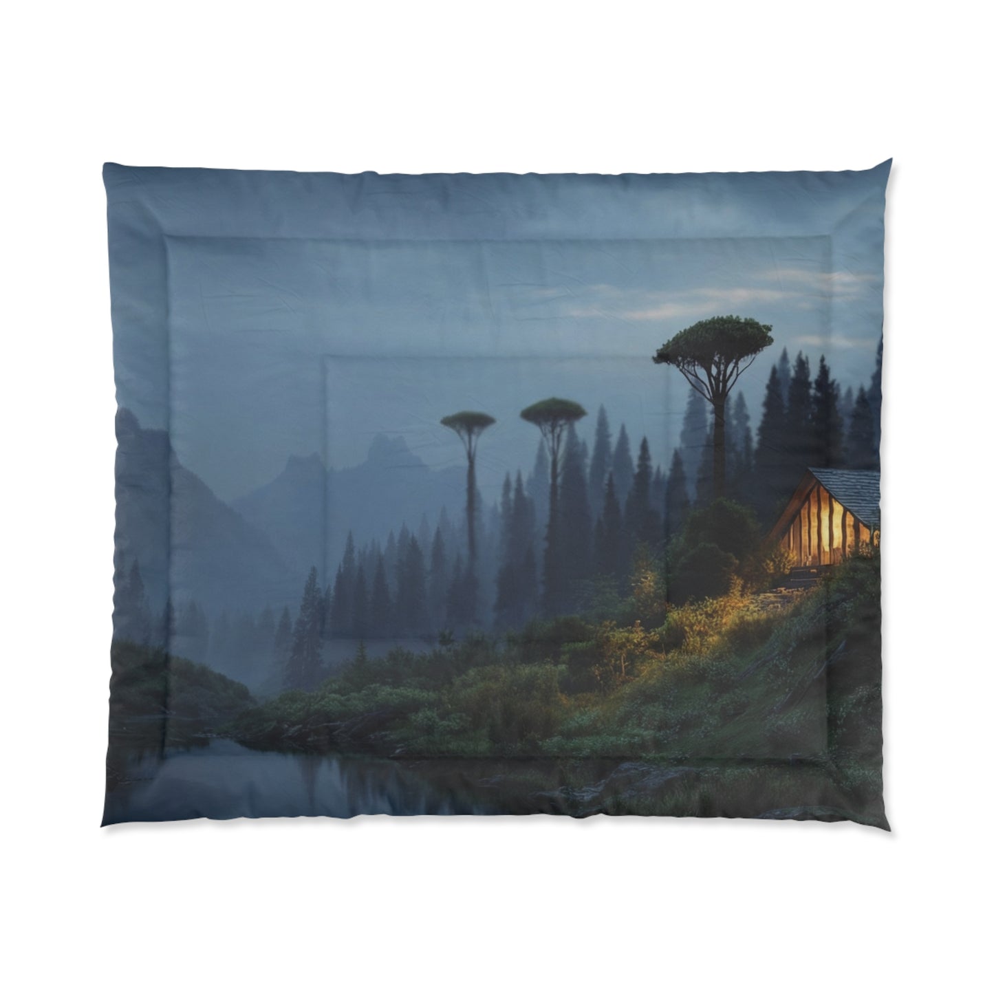 Moonlit Mountain Cabin Comforter – Warm Hearth Glow Amidst Whispering Peaks