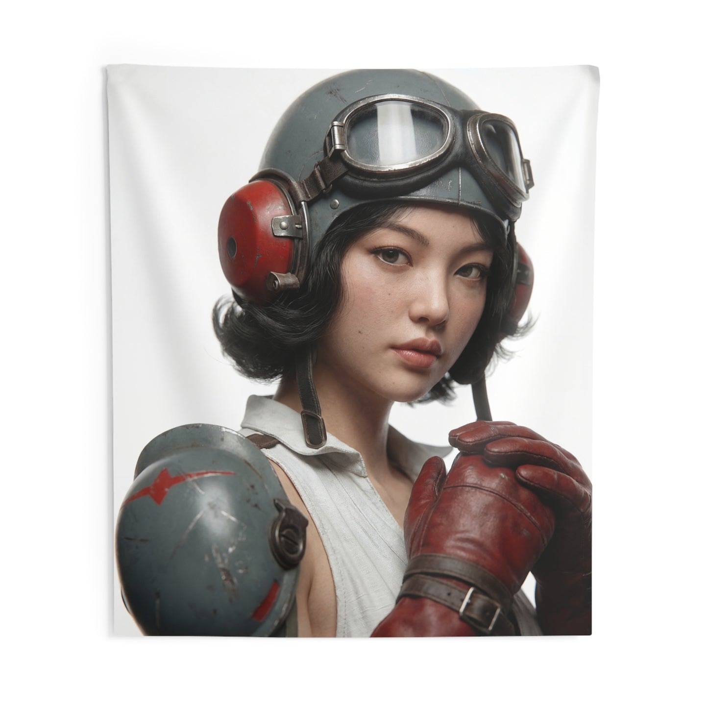 Vintage Pilot Portrait Indoor Wall Tapestries – Steel Goggles & Crimson Gloves