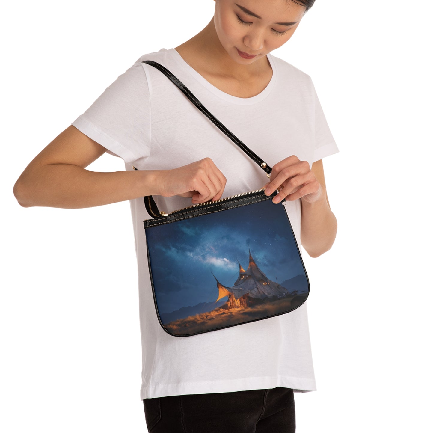 Starlit Nomad Tent Small Shoulder Bag – Milky Way Glow Under Open Skies