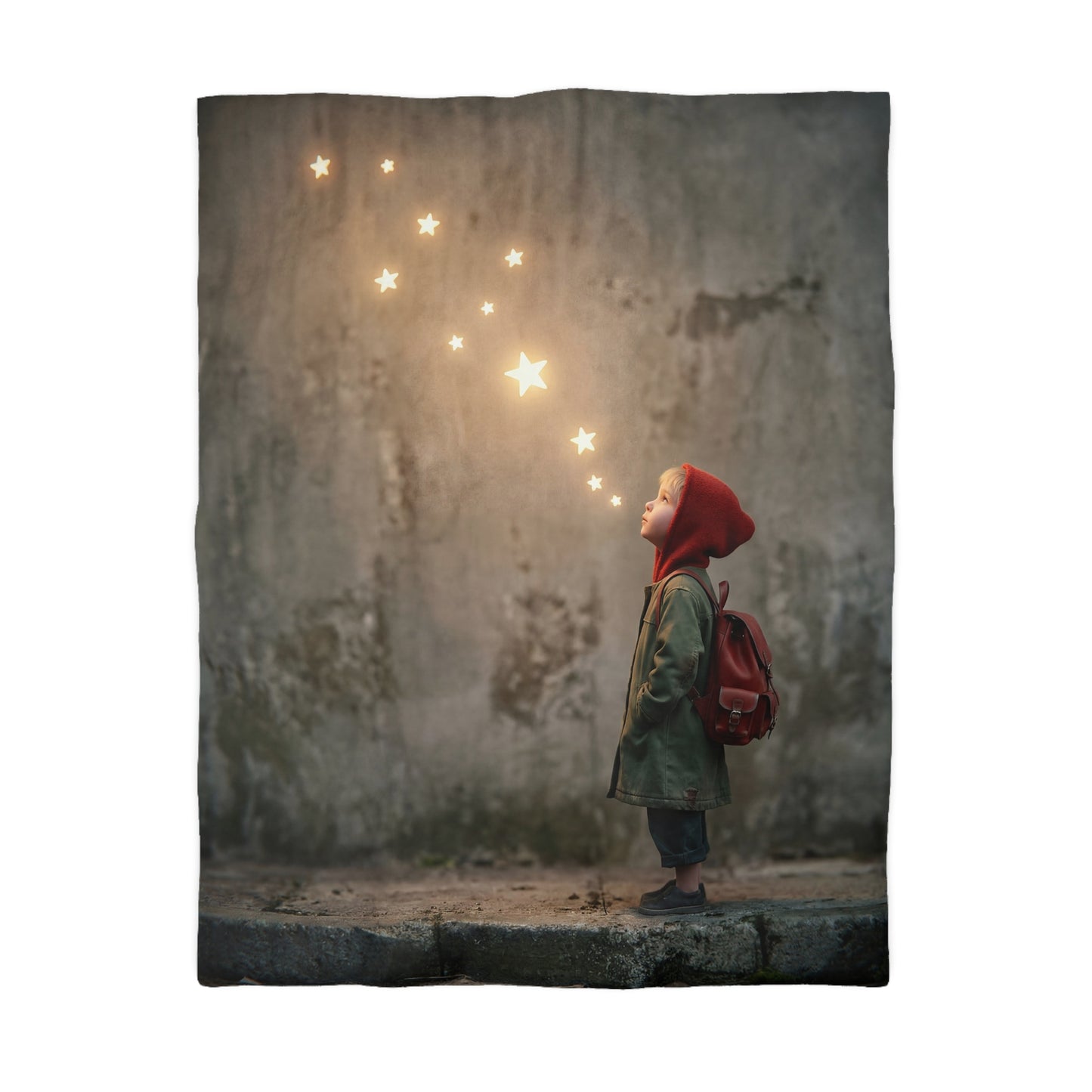 Star-Seeking Child Microfiber Duvet Cover – Warm Glow Against Weathered Stone