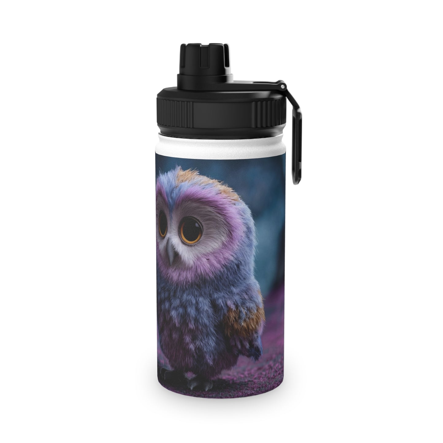 Velvet Owl with Heart Stainless Steel Water Bottle, Sports Lid – Midnight Whimsy Companion