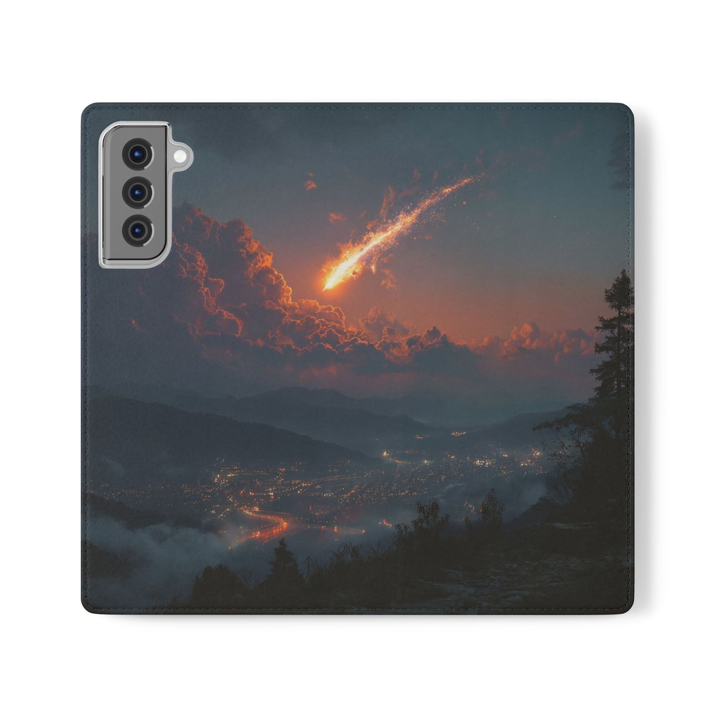 Meteor Over Valley Flip Cases – Crimson Sky Sentinel Cover