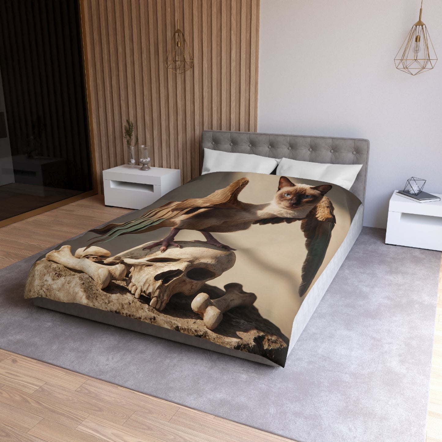 Winged Siamese Sentinel Microfiber Duvet Cover – Sunlit Bone Throne Dreamscape