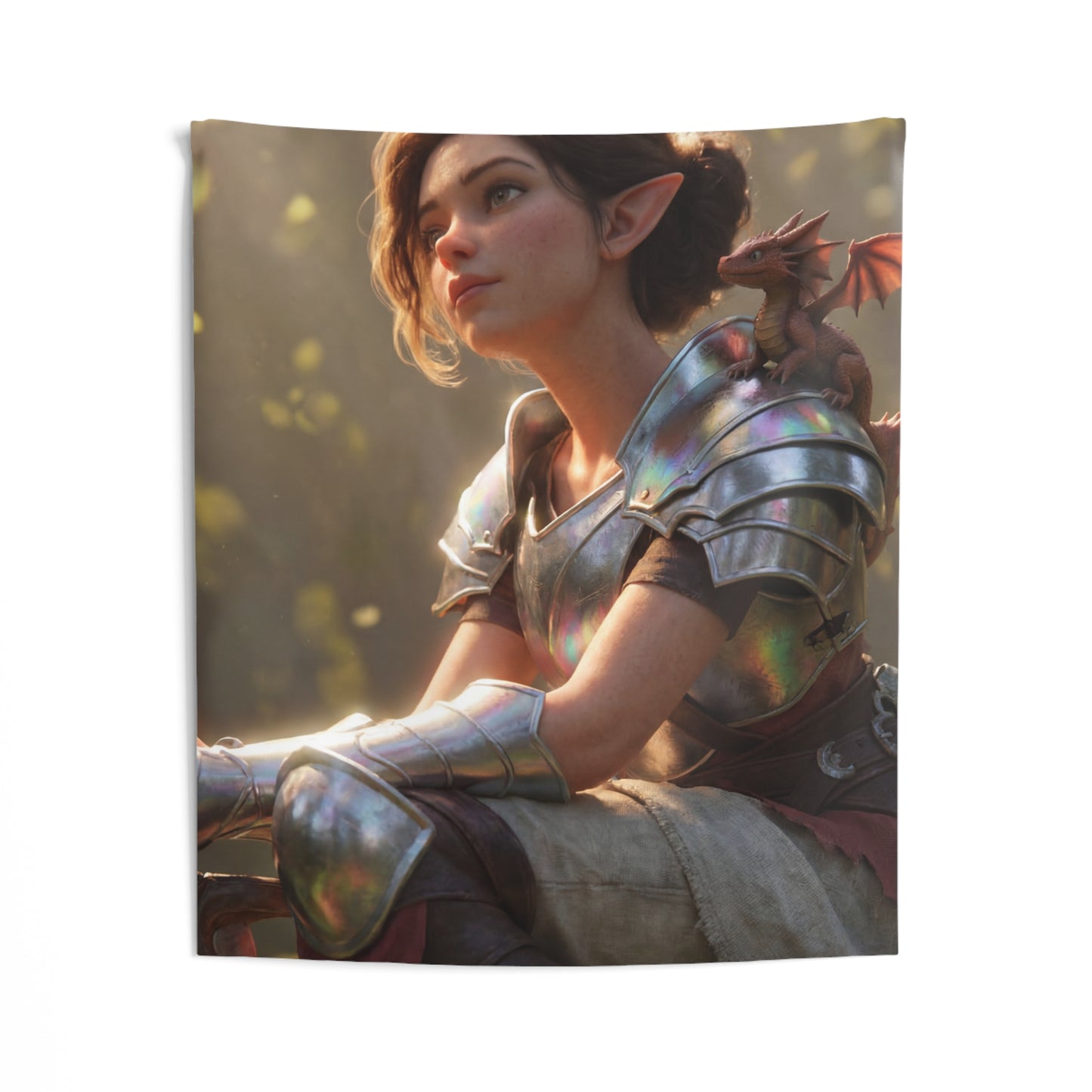 Elf Sentinel with Dragon Companion Indoor Wall Tapestries – Sunlit Forest Refuge