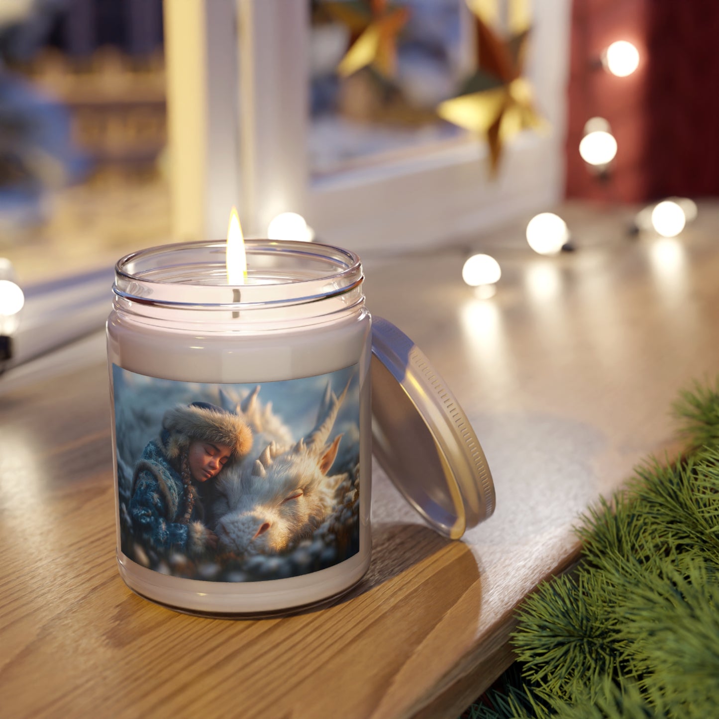Winter Guardian Scented Soy Candles with White Lid, 9oz – Sunset Embrace with Frost Dragon