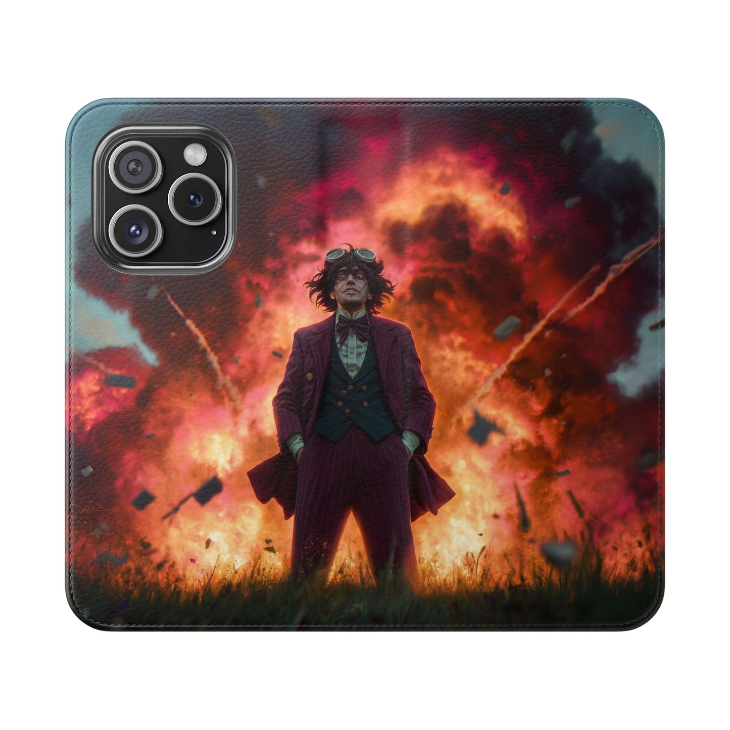 Goggles & Chaos Flip Cases – Purple Suit Amidst Fiery Explosion