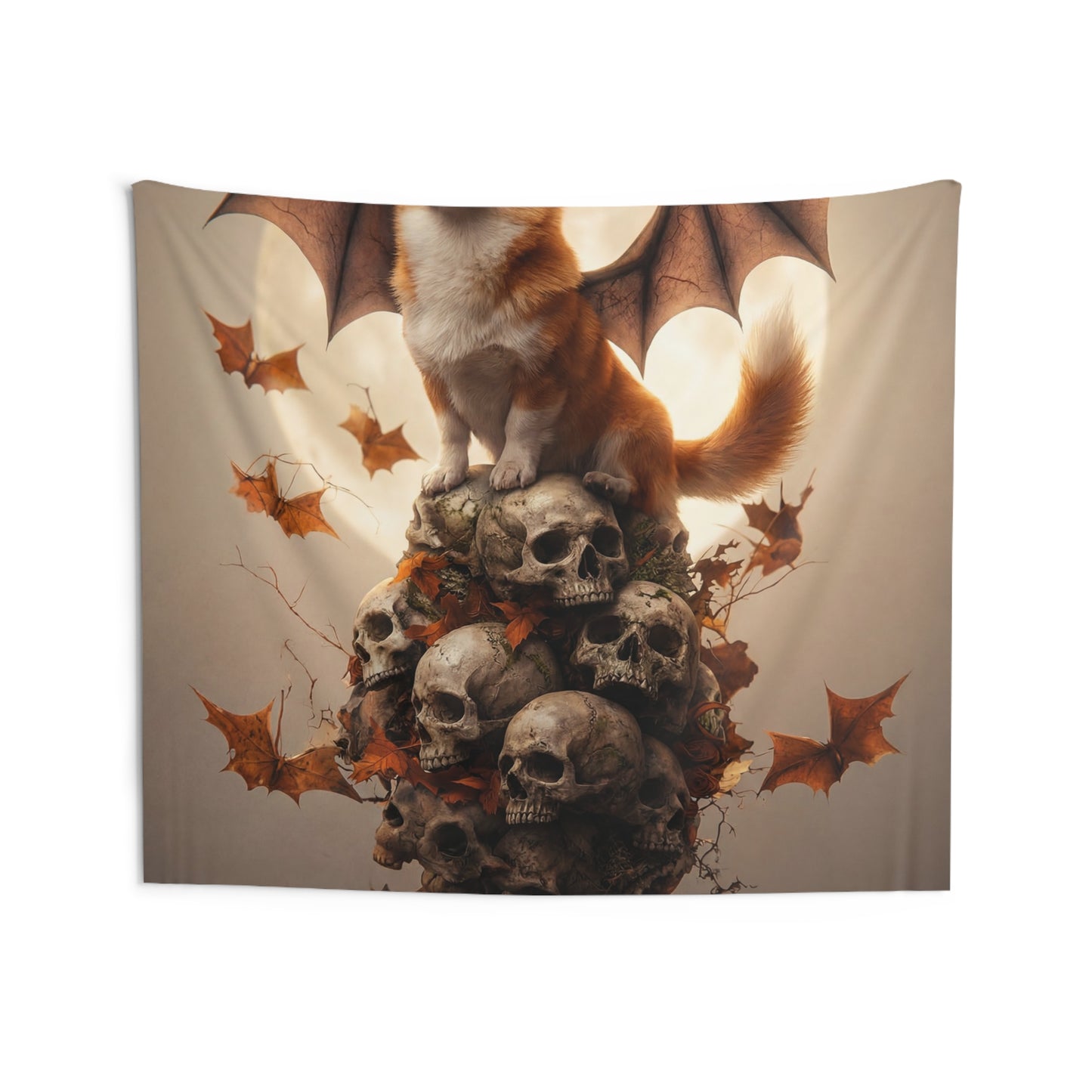 Batwing Corgi on Skull Throne Tapestry – Autumn Moonlit Guardian