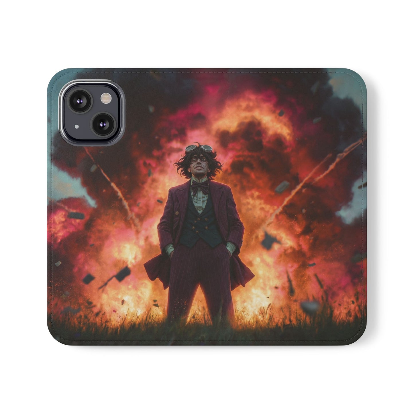 Goggles & Chaos Flip Cases – Purple Suit Amidst Fiery Explosion