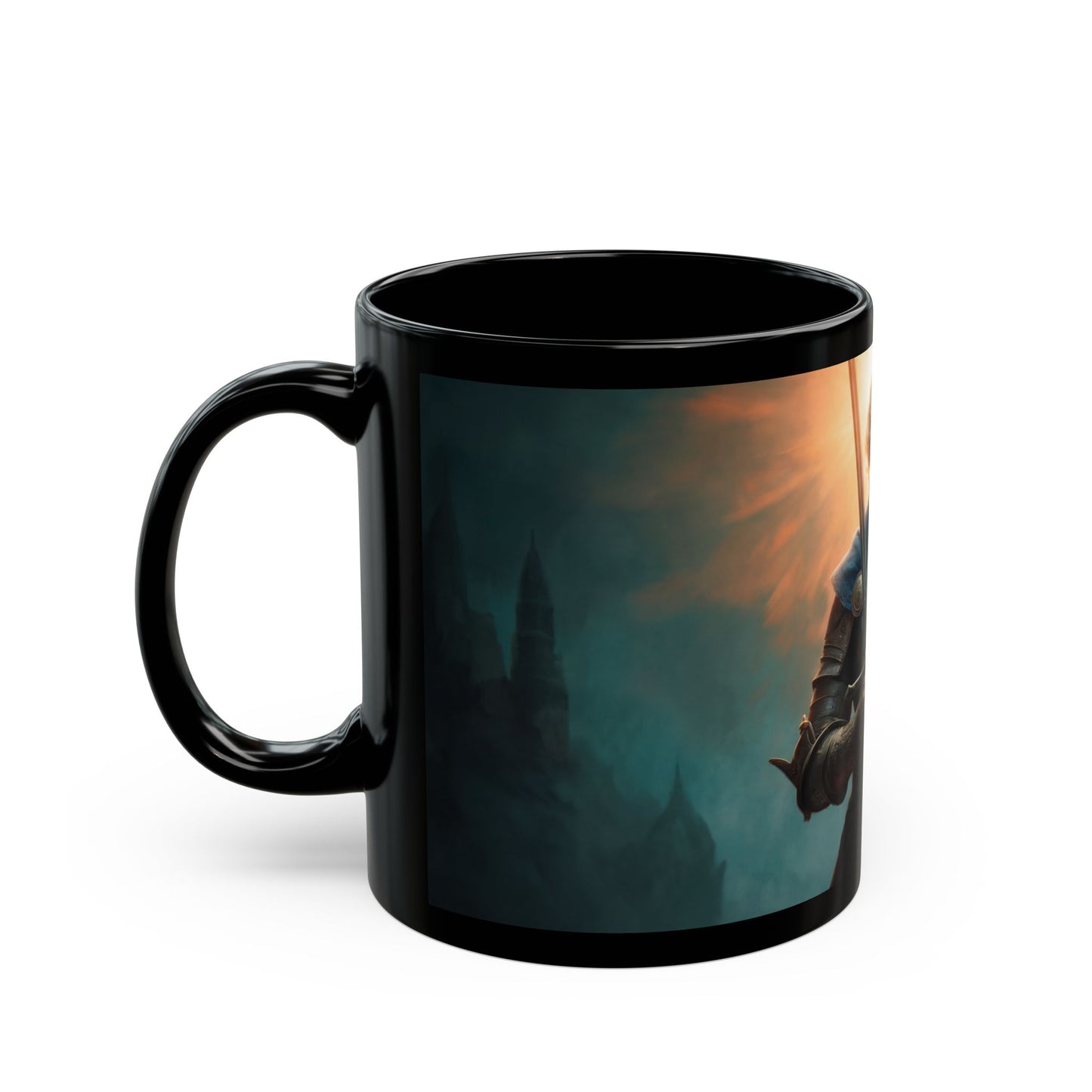 Dawn-Kissed Knight Black Mug – Armor of Resolve Coffee Cup