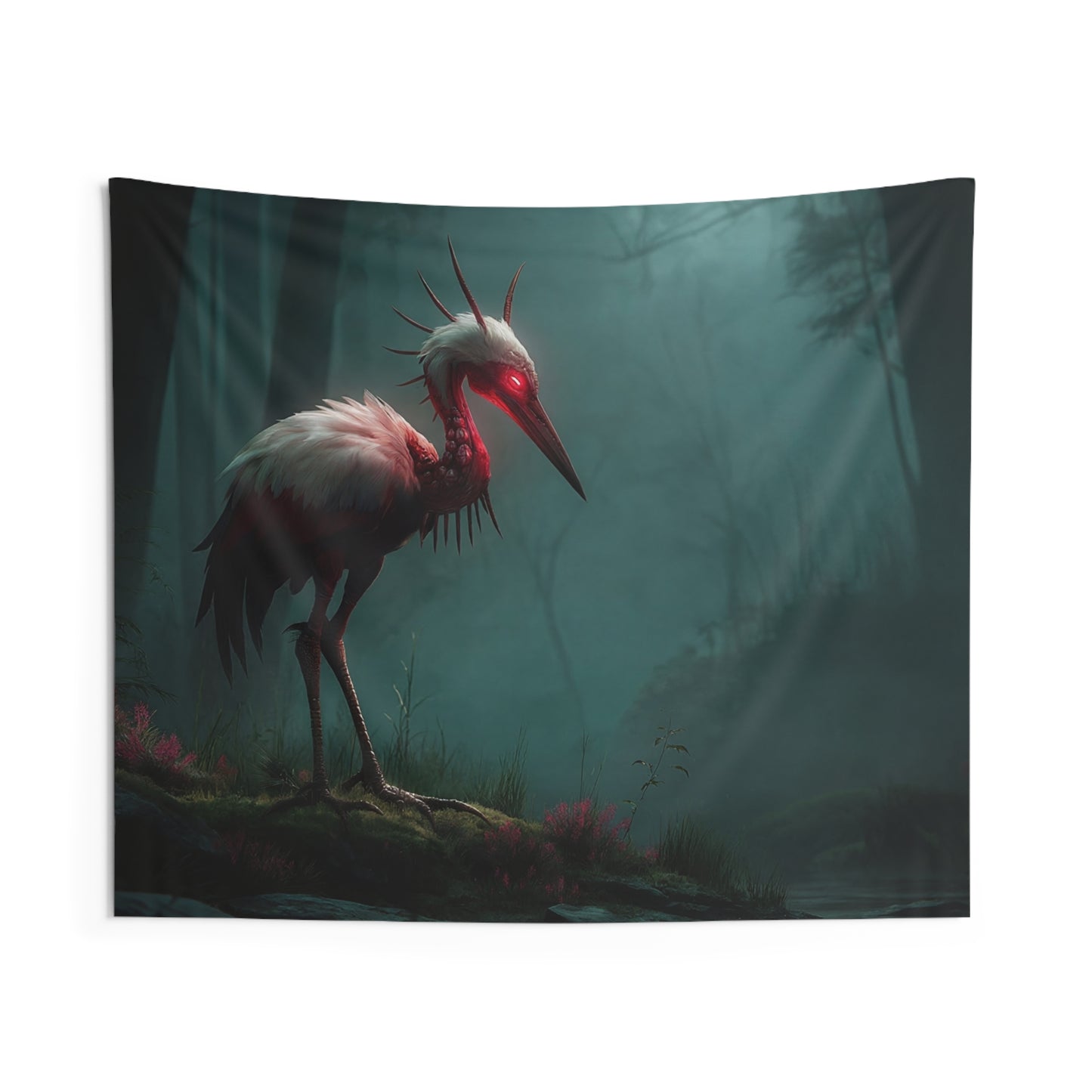 Crimson Sentinel Wall Tapestry – Forest Guardian in Misty Twilight