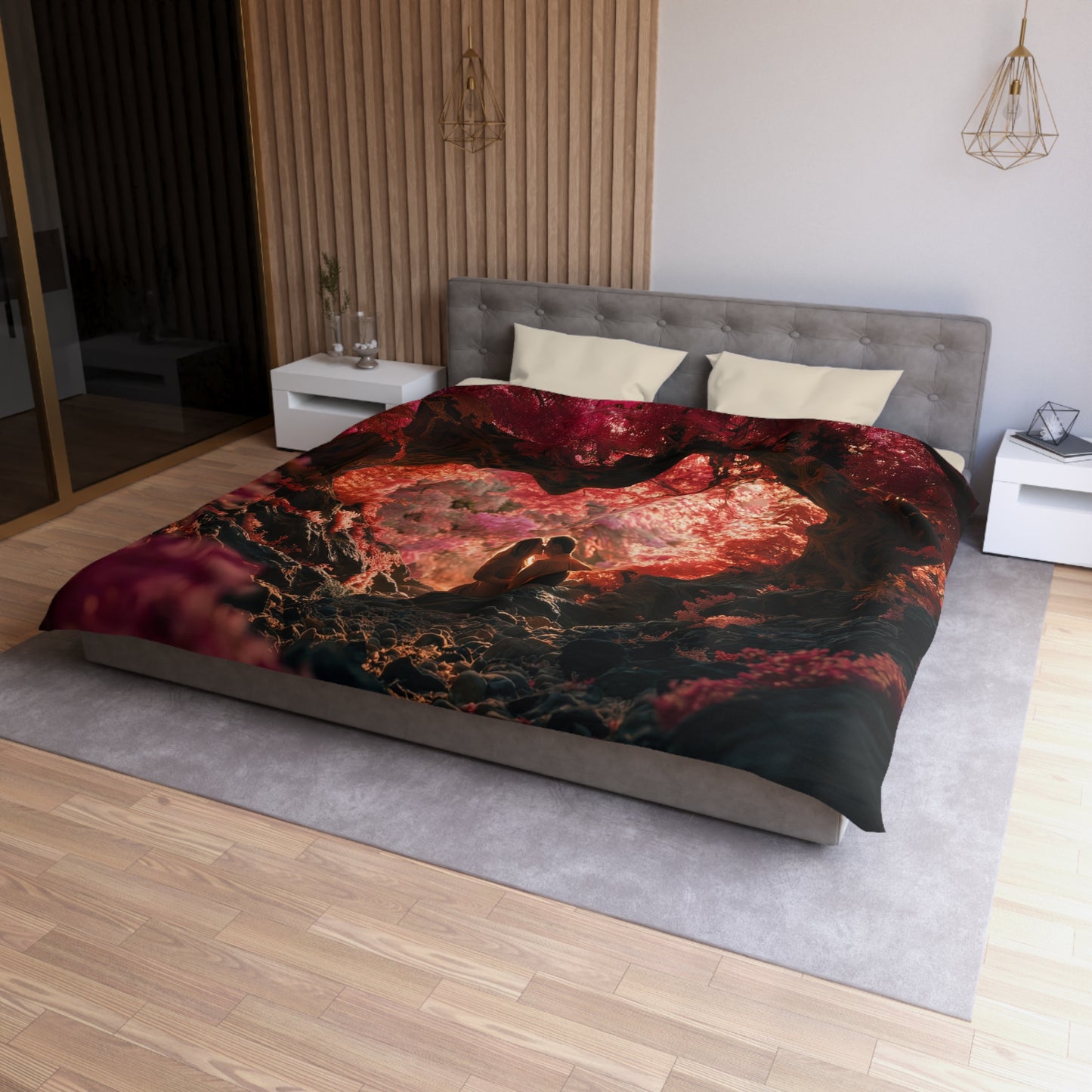 Crimson Archway Duvet Cover – Heart-Shaped Forest Canopy Print
