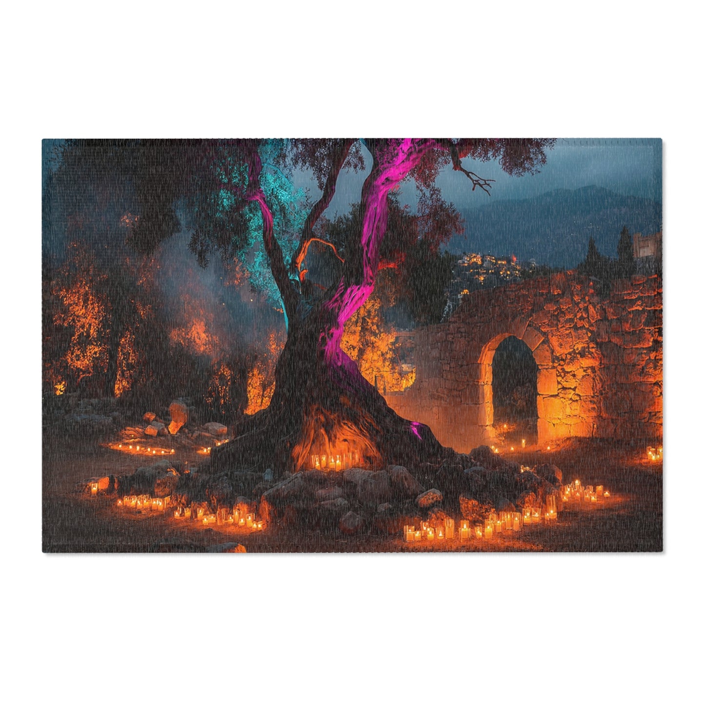 Ancient Tree with Neon Glow Area Rugs – Sacred Grove at Twilight