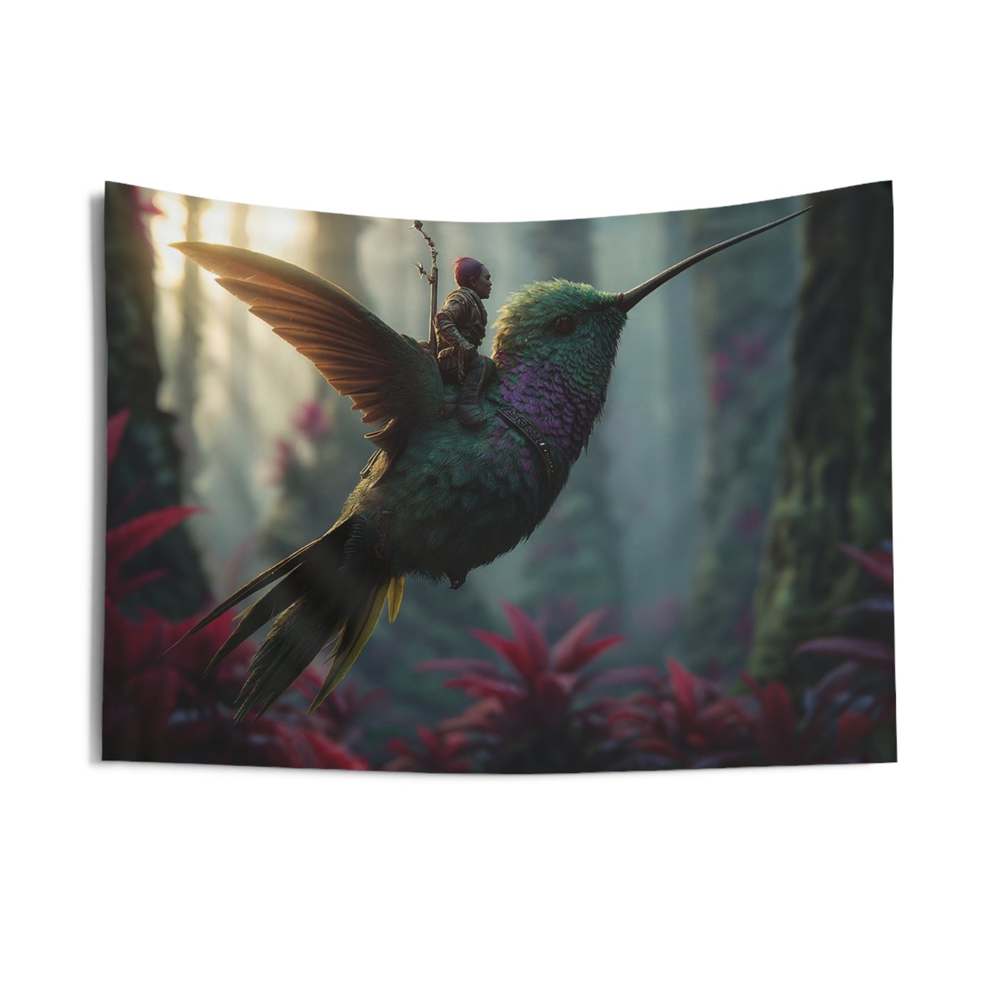 Hummingbird Rider Indoor Wall Tapestries – Dawn’s Whisper Through Verdant Canopy