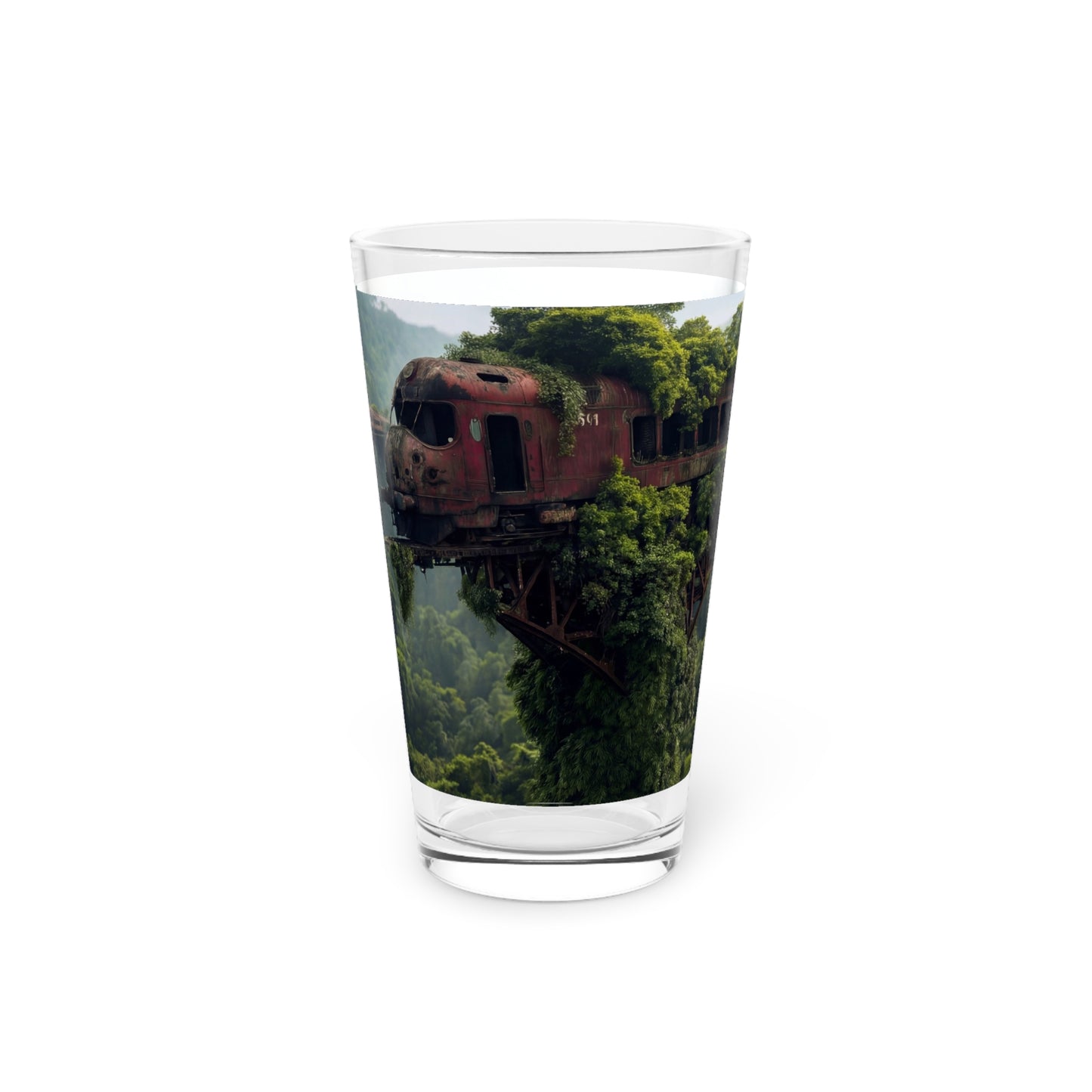 Abandoned Train Bridge Pint Glass – Verdant Ruin Over the Canopy