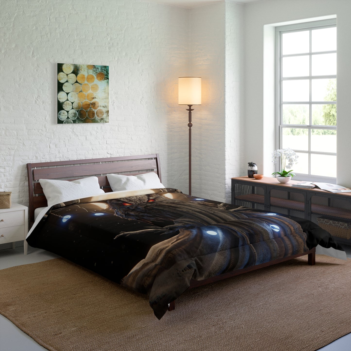 Moonlit Owl Sentinel Comforter – Crimson-Eyed Guardian of the Night