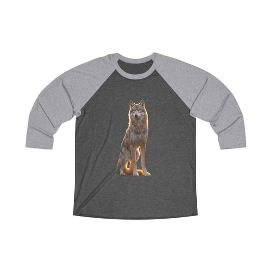 Golden Hour Wolf Unisex Tri-Blend 3/4 Raglan Tee – Twilight Sentinel Portrait
