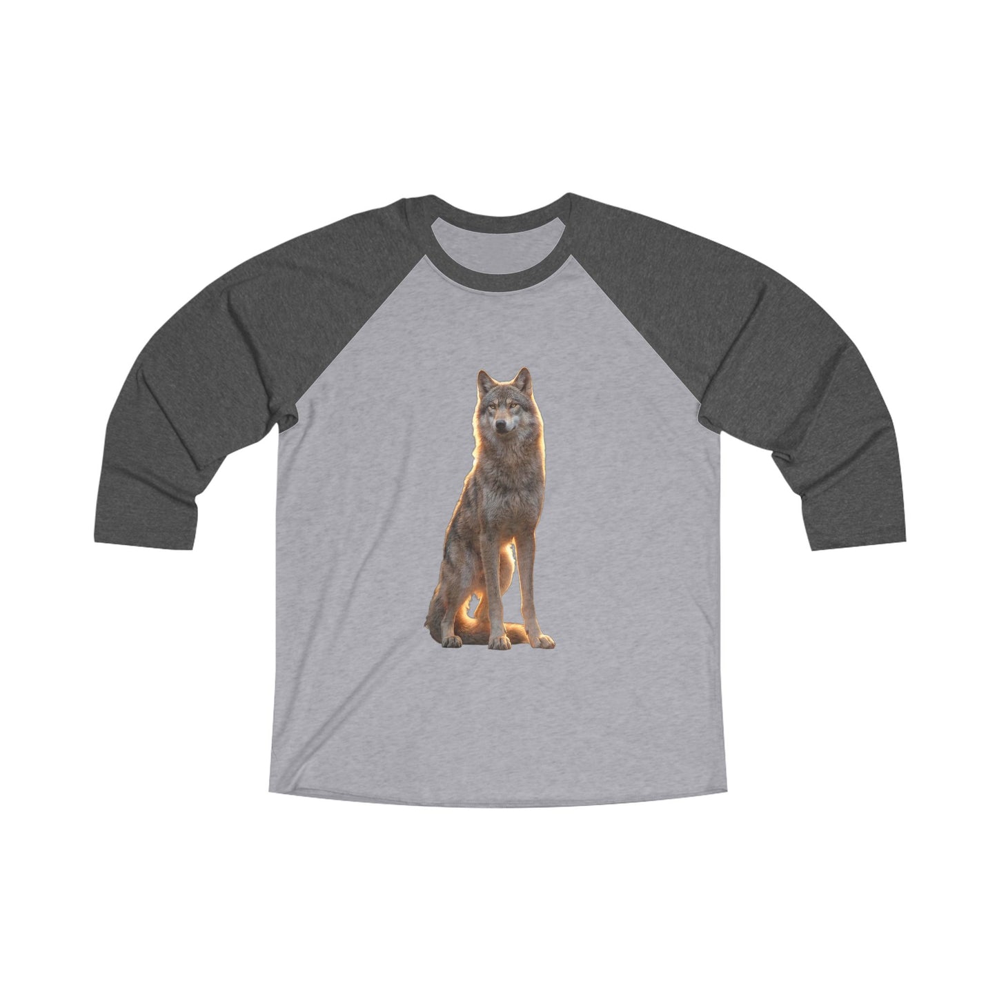 Golden Hour Wolf Unisex Tri-Blend 3/4 Raglan Tee – Twilight Sentinel Portrait
