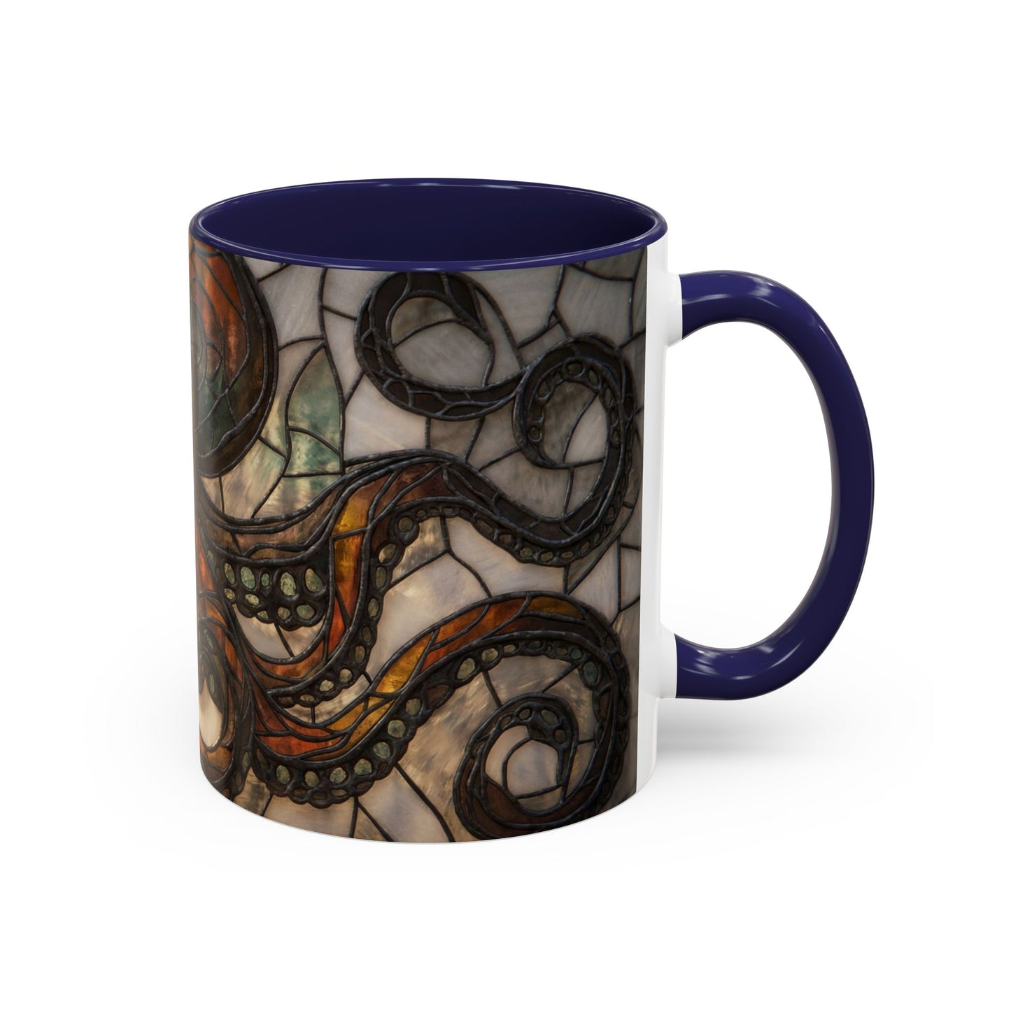 Stained Glass Octopus Accent Coffee Mug – Amber Tentacle Mosaic Art